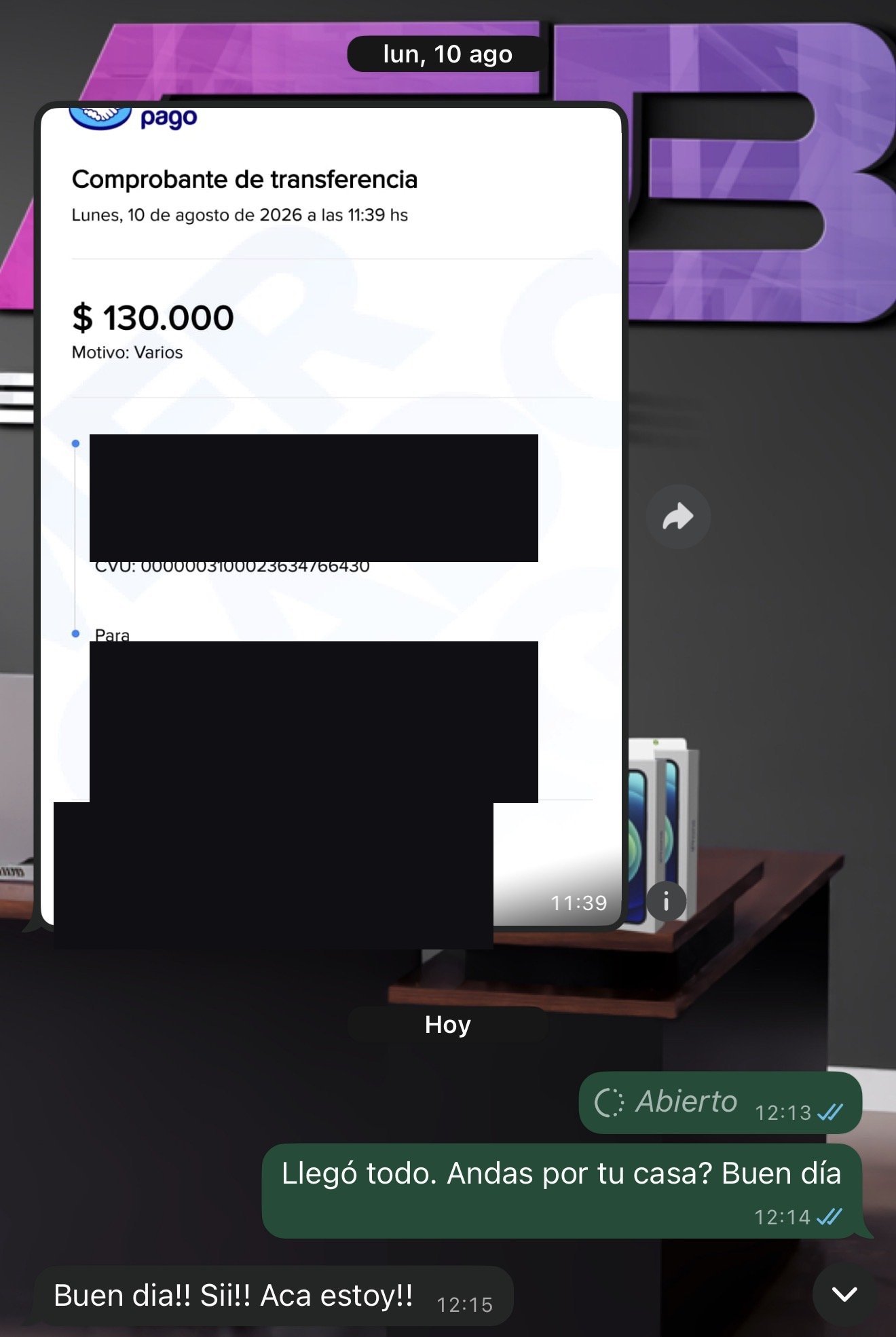 Chat real: cliente paga $130.000 vía Mercado Pago, después coordino entrega en su casa