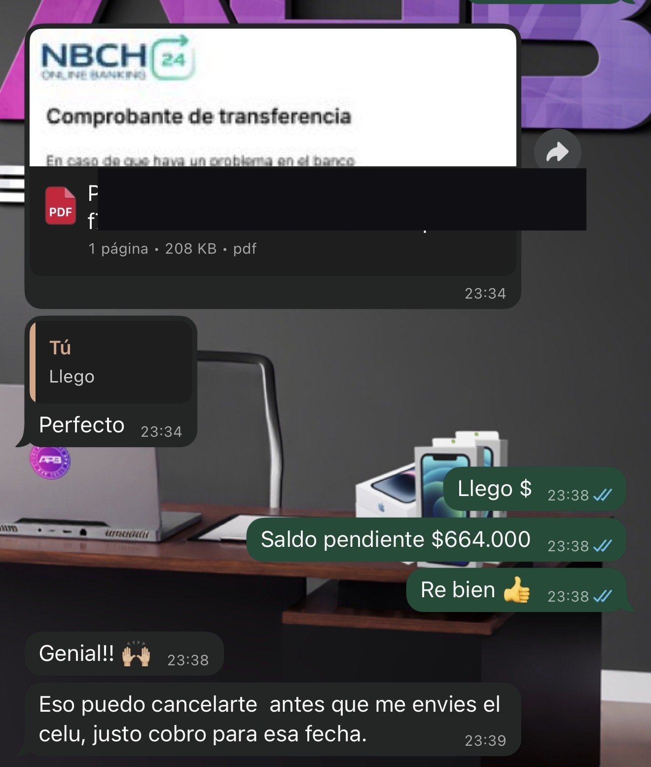 Chat real WhatsApp: cliente transfiere USD + pesos por un iPhone antes de recibirlo