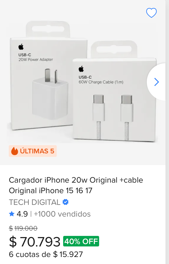 Captura real de Mercado Libre mostrando el combo cargador 20W + cable original a $70.793