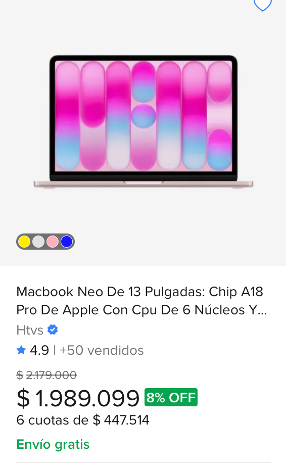 Captura real de Mercado Libre mostrando el MacBook Neo 13 pulgadas 256GB a $1.989.099