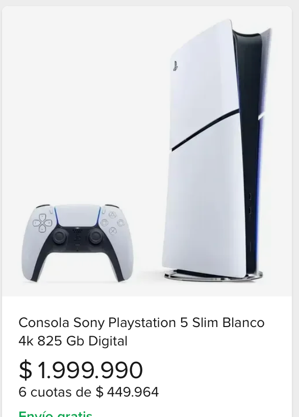 Captura real de Mercado Libre mostrando la PlayStation 5 Slim Digital 825GB a $1.999.990