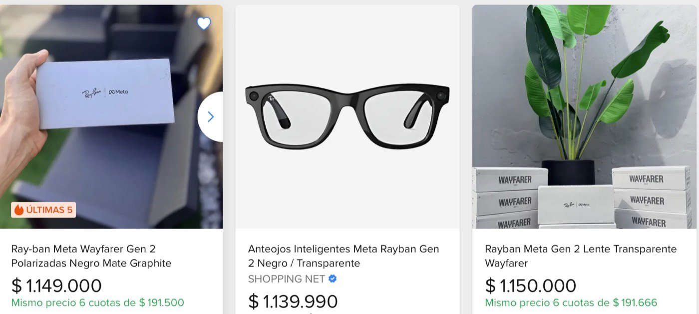Captura real de Mercado Libre mostrando el Ray-Ban Meta Gen 2 entre $1.139.990 y $1.150.000