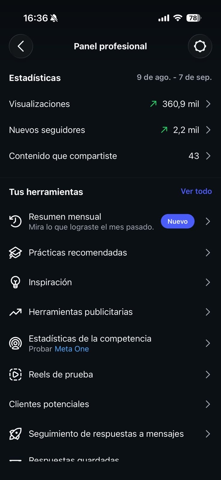 Panel profesional Instagram: 360.9K visualizaciones, 2.2K seguidores nuevos