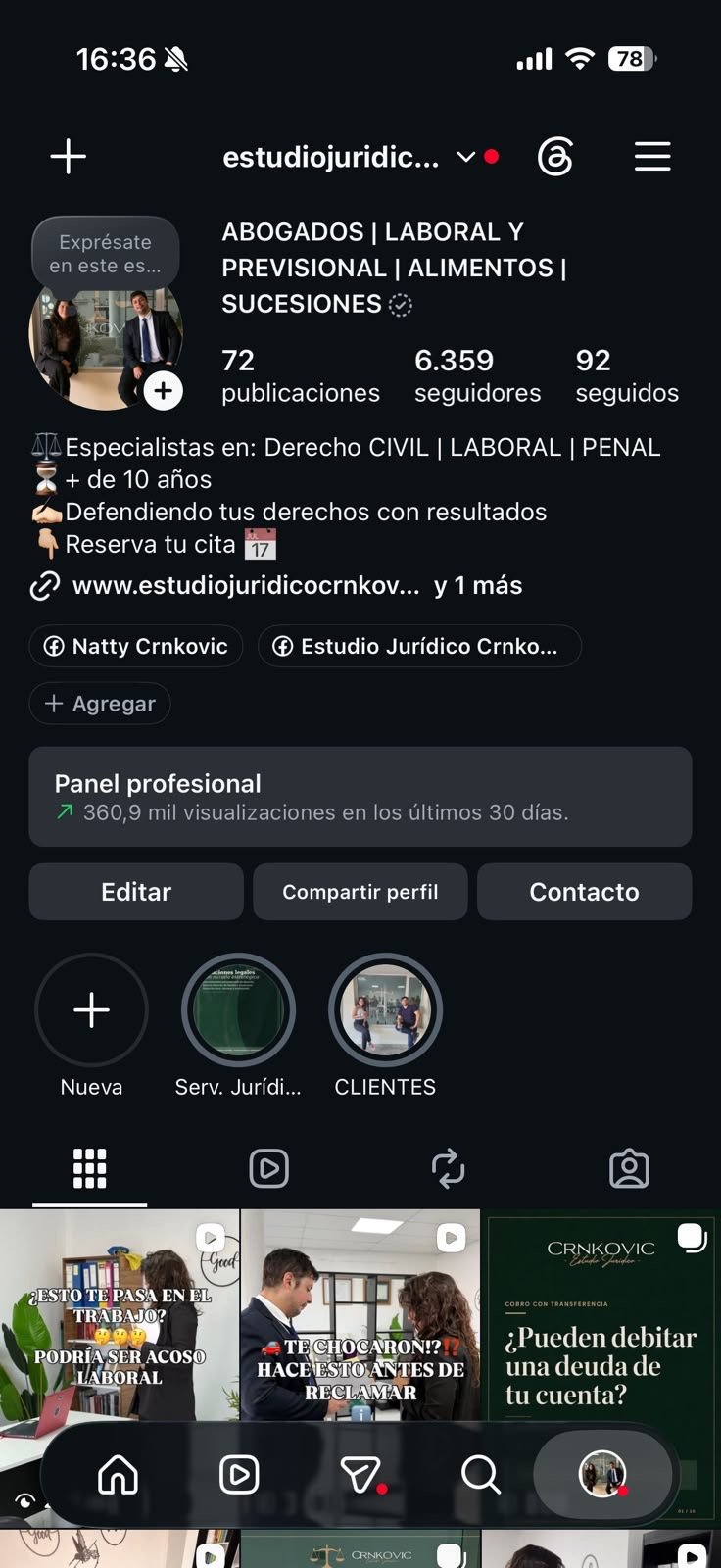 Perfil ahora: 6.359 seguidores + bio profesional