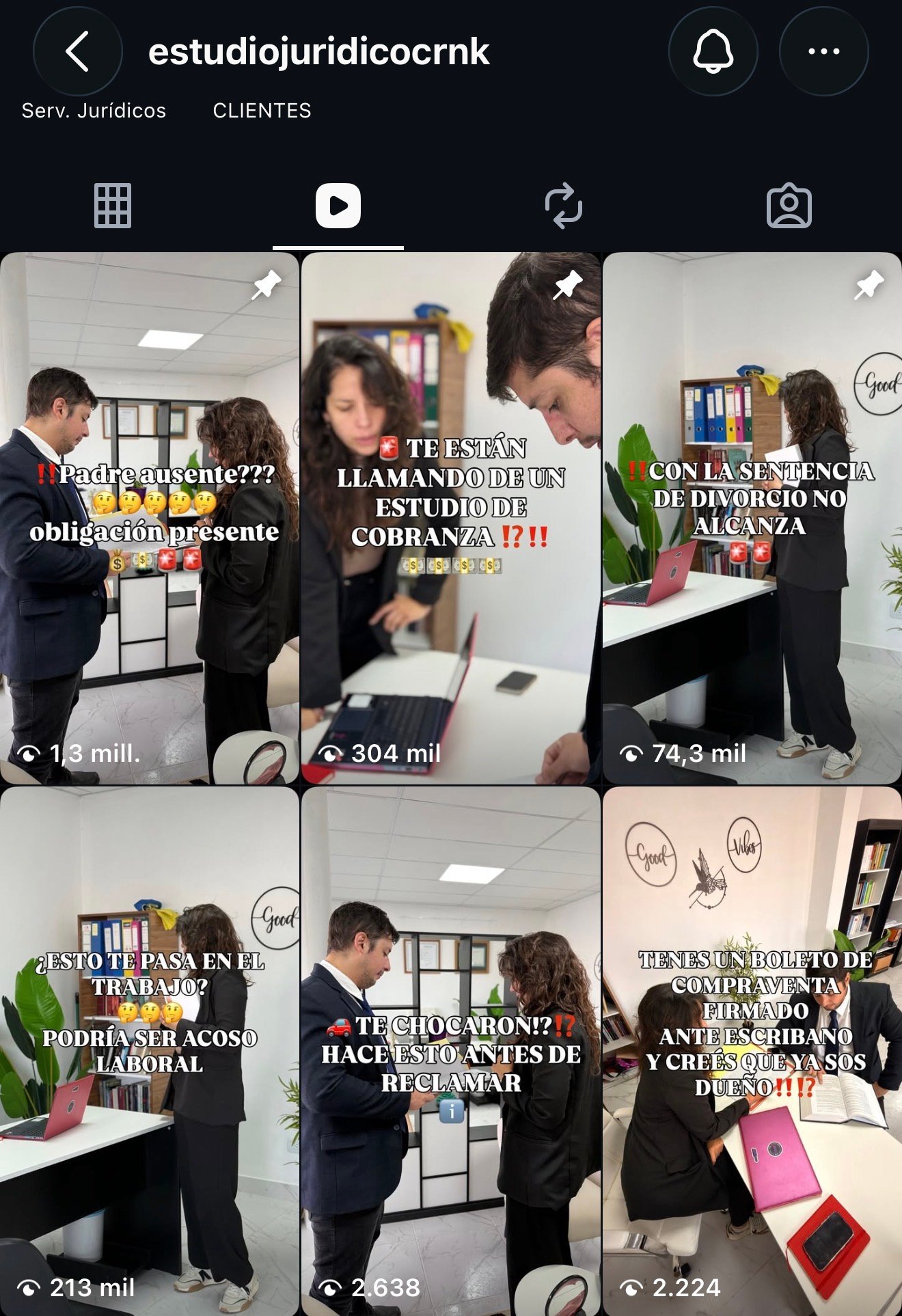 Grid de reels de @estudiojuridicocrnk con más views